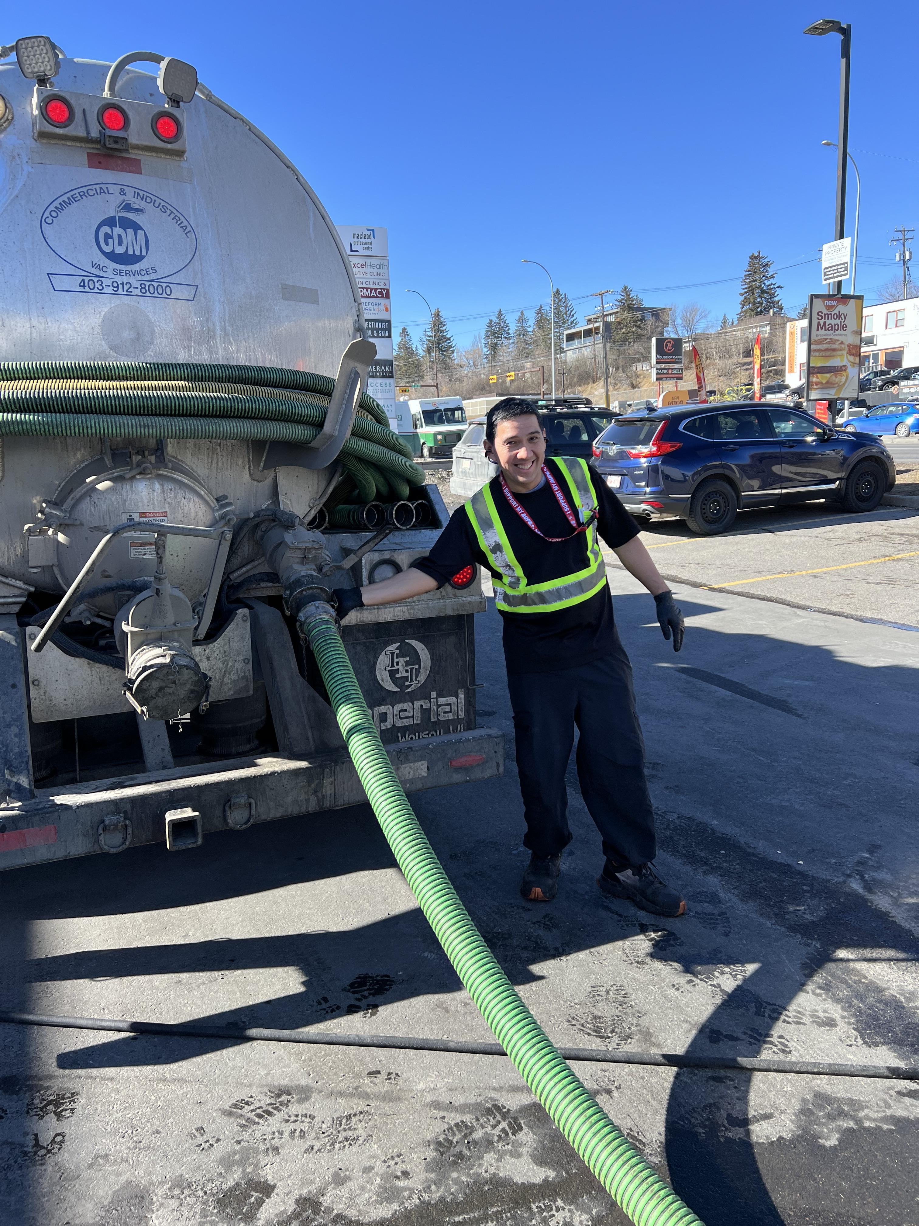 GDM Vac truck staged at Calgary International Airport for grease trap service
